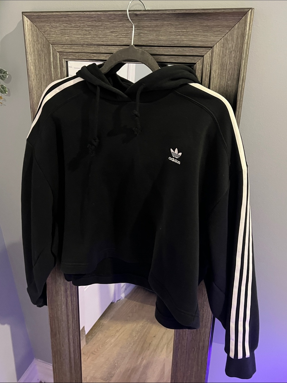 adidas Black Cropped Hoodie with White Sleeve Stripes